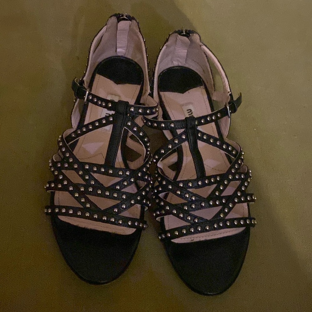 New. Miu Miu Studded Leather Strappy Sandals Black size 35/5